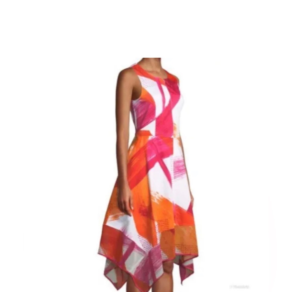 Donna Karan New York Orange Pink Brushstroke Dress Sundress Midi Dress Size 0